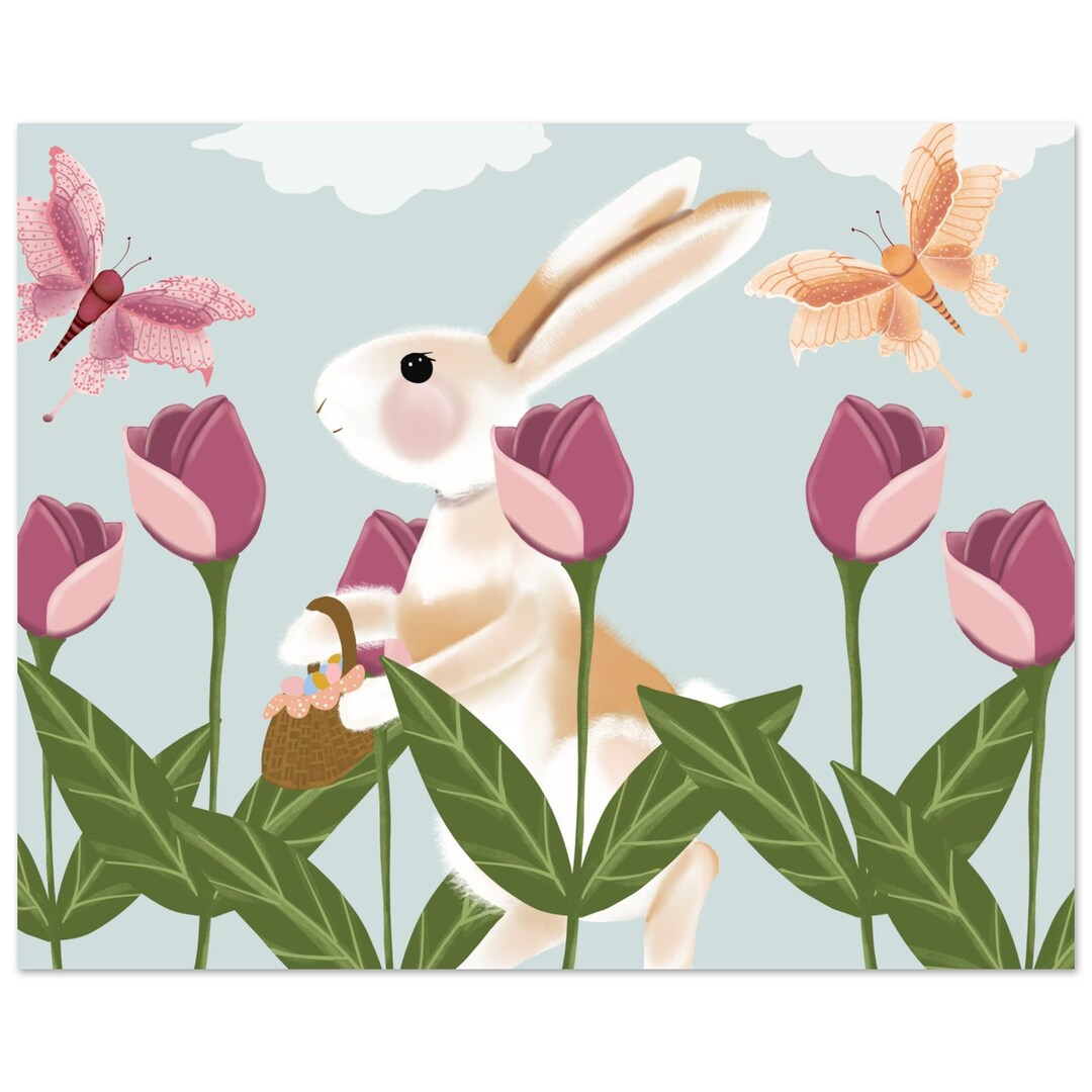 Charming Rabbit Poster | Tulip Field Art | Whimsical Spring Decor - Etsy