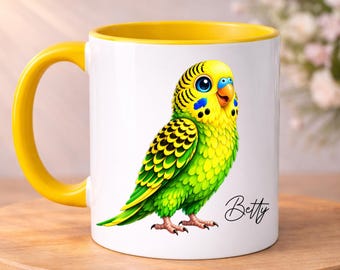 Personalised BUDGIE Mug, Green and Yellow Budgie, Custom Name, Budgie Gift, Bird Gifts, Gift for her, Gift for him