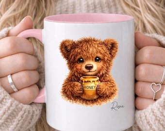 PERSONALISED Bear Mug, Bear with Honey Pot, Custom Name Coffee Mugs, Gift for her, Cute Brown Bear