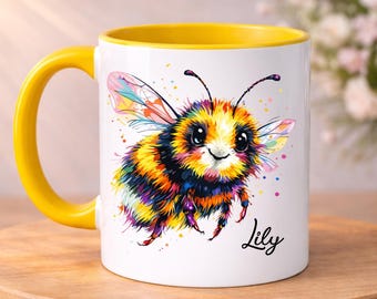 PERSONALISED Bee Mug, Pretty Bumble Bee Coffee Cup, Gift for Her, Colourful Bee Mug, Cheerful Birthday Present for Women