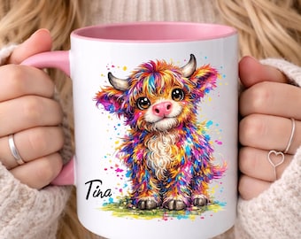 PERSONALISIERTE Highland Kuh Tasse, bunte süße Babykuh Kaffeetasse, Scottish, Bauernhaus, personalisiertes Geschenk für sie, süße Highland Kühe Tassen