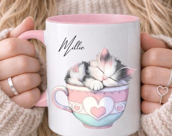 PERSONALISED Cat Mug, Quirky, Pretty Cat in Tea Cup, Cat Lover Gift, Gift for her, Love Cats Mugs, Gift for Sister, Daughter, Mum