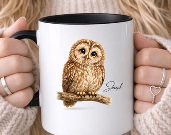 PERSONALISED Tawny Owl Mug, Bird Mug, Watercolour Painting of Owl, Custom Name, Gift For Her, Gift for Him, Owl Mugs