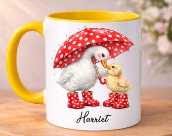 PERSONALISED Goose Mug, Cute Duckling Mugs, Watercolour Painting of Mother Goose and Duck Umbrella, Custom Name Gift For Her