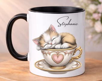 PERSONALISED Cat Mug, Pretty Cat in Tea Cup, Cat Lover Gift, Gift for her, Love Cats Mugs, Gift for Sister, Daughter, Mum