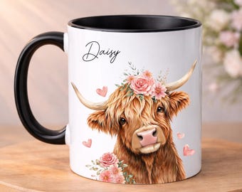 PERSONALISED Highland Cow Mug, Custom Name, Highland Cow Gift, Cow Mugs, Gift for her, Sister, Niece, Daughter