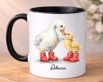 PERSONALISED Goose Mug, Cute Duckling Mugs, Watercolour Painting of Mother Goose and Duck, Custom Name Gift For Her