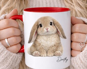 PERSONALISED Rabbit Mug, Watercolour Painting of Bunny Rabbit, Custom Name, Gift For Her, Easter Gift, Birthday Gift, Lop eared Rabbit