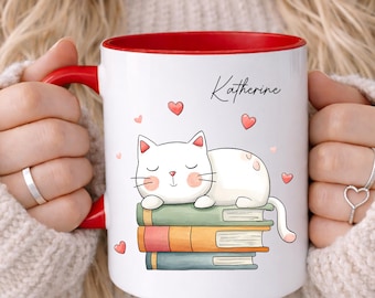 PERSONALISED Book Lover Mug, Books and Cats, Custom Name, Book Gifts, gift for her, gift for sister, Mum, Daughter, Niece