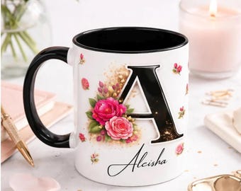 PERSONALISED Floral Initial Mug, Custom Name Coffee Cup, Glam Gift for her, Flower Initial and Name Mug