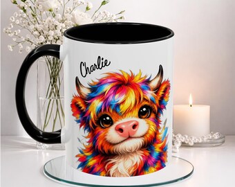 PERSONALISED Highland Cow Mug, Colourful Cute Baby Cow Coffee Cup, Abstract, Farmhouse Gift for Her, Cute Highland Cows Mugs