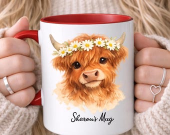 PERSONALISED Highland Cow Mug, Cute Cow Mugs, Watercolour Painting of Highland Cow, Custom Name, Gift For Her