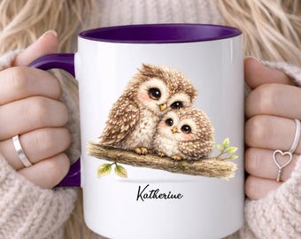 PERSONALISED Tawny Owl Mug, Cute Owl and baby Mugs, Watercolour Painting of Owls, Custom Name, Gift For Her
