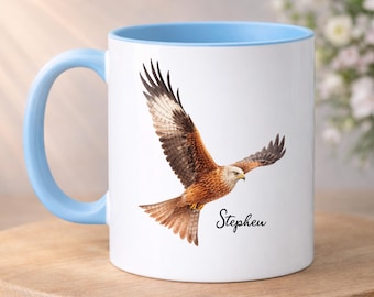 PERSONALISED Red Kite Mug, Bird of Prey Mug, Watercolour Painting of Kite, Custom Name, Gift For Her, Gift for Him, Bird Mugs
