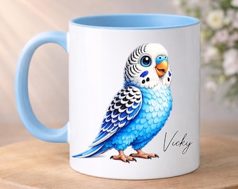 Personalised BUDGIE Mug, Blue and White Budgie, Custom Name, Budgie Gift, Bird Gifts, Gift for her, Gift for him