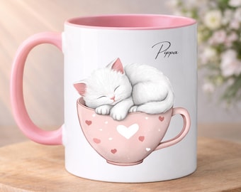 PERSONALISED White Cat Mug, Pretty Cat in Tea Cup, Cat Lover Gift, Gift for her, Love Cats Mugs, Gift for Sister, Daughter, Mum