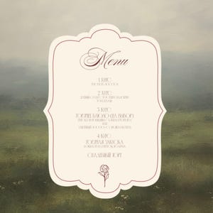 May include: A rectangular menu card with a decorative scalloped border, featuring the word Menu in script and a list of four courses in Russian text, finished with a small rose illustration at the bottom, set against a misty landscape background.