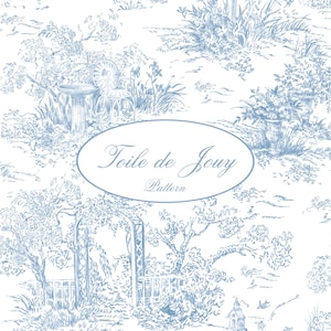 Könnte beinhalten: Blau-weißes Toile-de-Jouy-Muster mit einer Gartenszene mit Bäumen, Vogelhäusern und architektonischen Elementen. Der Text "Toile de Jouy Pattern" ist in einem Oval dargestellt. Das Design ist eine klassische, detaillierte Illustration.