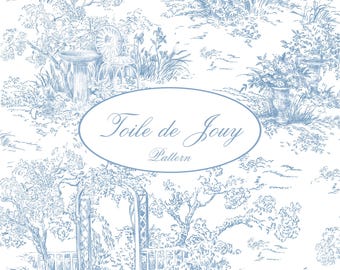 May include: Blue and white toile pattern featuring a garden scene with trees, birdhouses, and architectural elements. The text "Toile de Jouy Pattern" is displayed in an oval. The design is a classic, detailed illustration.