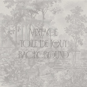Könnte beinhalten: Ein hellgraues Toile-de-Jouy-Muster mit detaillierten Illustrationen von Bäumen, Gartenstrukturen und Blattwerk. Der Text VINTAGE TOILE DE JOUY BACKGROUND ist in einer dunkelgrauen Serifenschrift über der pastoralen Szene zentriert.