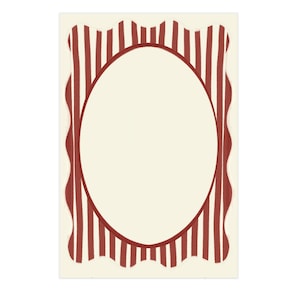 May include: A rectangular cream-colored frame with a red oval center. The frame has a scalloped edge and vertical red stripes. The design is simple and elegant, suitable for various decorative purposes.