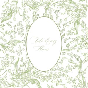 May include: A botanical illustration featuring a delicate floral pattern in shades of green on a white background. The design includes an oval frame with the text "Tale de joy Flowers" in elegant script, suitable for various design applications.