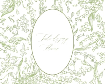 Green Snowdrops and lilies of the Valley, "Toile de Jouy" Pattern (PDF, PNG)