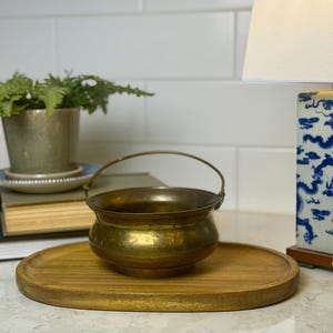 Vintage Brass Cauldron Planter with Swing Handle | Small Solid Brass Kettle Pot, Mid Century Modern Boho Herb Cachepot, Decorative Bucket