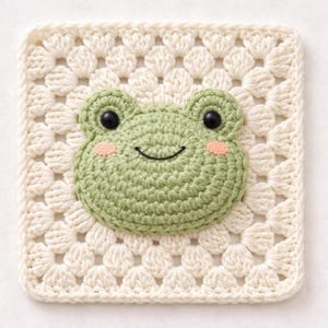 May include: A square, cream-colored crochet piece with a green frog face in the center. The frog has black eyes and pink cheeks. The crochet pattern is a granny square design, creating a textured surface.