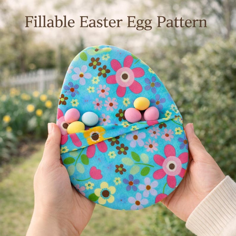 Op de afbeelding: Een blauwe, bloemmotief, vulbare paasei-etui, vastgehouden door twee handen. De etui is gevuld met kleurrijke snoepeieren. De tekst "Fillable Easter Egg Pattern" staat bovenaan de afbeelding. De etui heeft een bloemenpatroon met roze, gele en paarse bloemen.