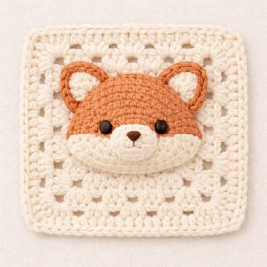 Könnte beinhalten: Ein cremefarbenes gehäkeltes Quadrat mit einem 3D-Fuchsgesicht. Der Fuchs hat braunes und weißes Fell, schwarze Knopfaugen und eine kleine braune Nase. Das Quadrat hat ein strukturiertes, offenes Webmuster.