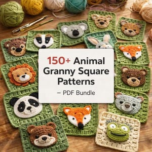 Puede incluir: Una colección de cuadrados de ganchillo con animales, incluyendo un oso, un panda, un zorro y un león, dispuestos alrededor de una tarjeta blanca con el texto "150+ Animal Granny Square Patterns - PDF Bundle". Hilos y ganchillos visibles.