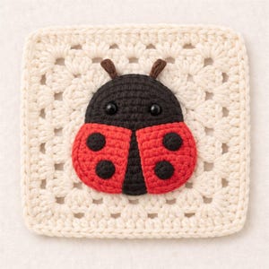 May include: A crocheted square featuring a ladybug design. The ladybug has a black head, red wings with black spots, and brown antennae. The square is cream-colored with a granny square pattern.