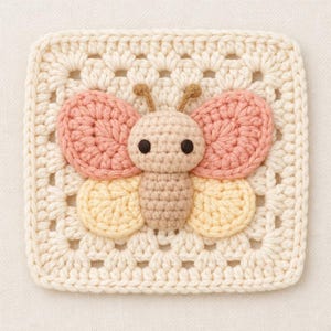 Pode incluir: Um quadrado de crochê creme com um desenho de borboleta. A borboleta tem asas rosa e amarelas, corpo bege e antenas marrons. O quadrado apresenta um padrão de tecido aberto, criando uma estética artesanal.