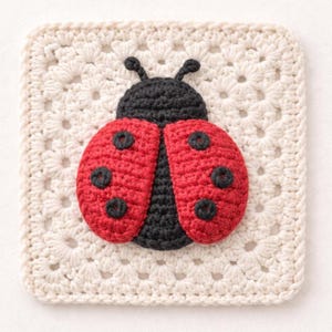 Può includere: Quadrato all'uncinetto con un motivo a coccinella. La coccinella ha testa e corpo neri, con ali rosse decorate con punti neri. La coccinella è centrata su un quadrato color crema a trama aperta.