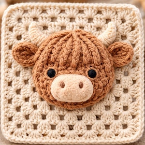May include: A crocheted square featuring a Highland cow face. The cow has brown fur, black eyes, and cream-colored horns and muzzle. The square is made of cream-colored yarn with a granny square pattern.