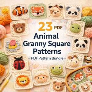 May include: A collection of crochet granny squares featuring various animal designs, including a panda, fox, and bear. The image displays a variety of colorful yarn and the text "23 PDF Animal Granny Square Patterns - PDF Pattern Bundle -."