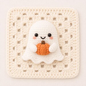 May include: A white crocheted square granny square featuring a central three-dimensional ghost figure. The ghost is white with black bead eyes, a stitched smile, and pink cheeks, holding a small orange crocheted pumpkin with a brown stem.