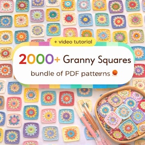 Puede incluir: Una colección de coloridos cuadrados de la abuela en varios diseños y colores, incluyendo azul, amarillo, rosa y naranja. La imagen presenta el texto "2000+ Granny Squares" y "bundle of PDF patterns". También se ven ganchillos y un cuenco de madera lleno de cuadrados.