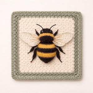 May include: A crocheted bee with black and yellow stripes, wings, and antennae, centered on a square cream-colored background. The background is framed by a light green border, creating a decorative piece.