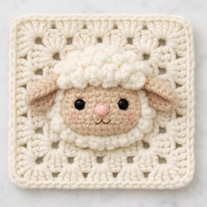 May include: A cream-coloured crocheted square with a sheep motif. The sheep has a fluffy, cream-coloured wool head, tan ears, and a light pink nose. The square is made using a granny square pattern, providing a textured backdrop for the sheep's face.