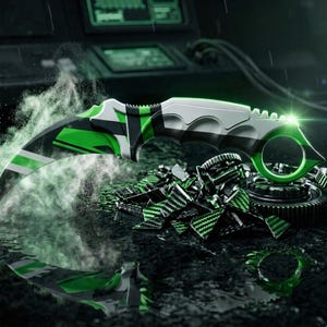 May include: A curved knife with a green and white design, featuring a ring at the handle's end. The blade is positioned above scattered mechanical parts, with a dark, wet surface in the background. The overall theme is a tactical or gaming aesthetic.