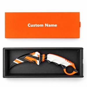 CS2 Asimov Orange Karambit Knife with Box Customizable Name Case | 3-Color | Not Sharp