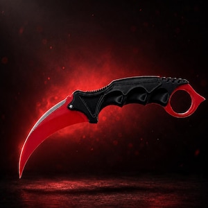 May include: A karambit knife with a curved red blade and a black handle. The handle has a textured grip and a finger ring. The knife is set against a dark red background with a spotlight effect.