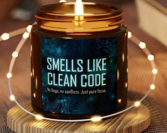 Vela con olor a código limpio, regalo divertido para programadores, decoración para ingenieros de software, humor sobre programación, aroma para oficina de desarrolladores, regalo para compañeros de trabajo tecnológicos