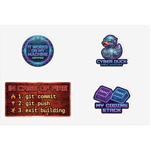 Developer Sticker Sheet Pack - Git, Rubber Duck & Coding Decals - Funny Programmer Decals