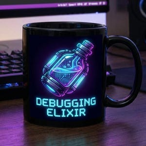 Debugging Elixir Mug, Funny Programmer Gift, Cyberpunk Coffee Cup, Coding Humor, Software Engineer Present, Gamer Potion, CS Student image 2