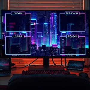 May include: A computer workstation with a large monitor displaying a digital cityscape with neon accents. The screen is divided into sections labeled "WORK", "PERSONAL", "APPS", and "TO-DO". A laptop, keyboard, and speakers are also visible.