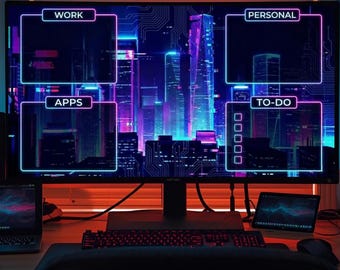 Cyberpunk Desktop Organizer Wallpaper - 4K Computer & MacBook Background - Neon Productivity Dashboard