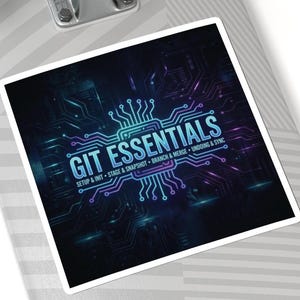 Può includere: Un adesivo quadrato con la scritta "GIT ESSENTIALS" in bianco e turchese, con un design a circuito stampato sullo sfondo. L'adesivo include anche il testo "SETUP & INIT, STAGE & SNAPSHOT, BRANCH & MERGE, UNDOING & SYNC."
